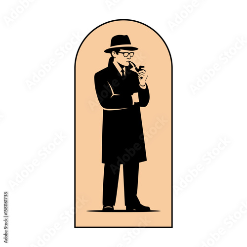 Mystery Man in Trench Coat Smoking Pipe vector illustration