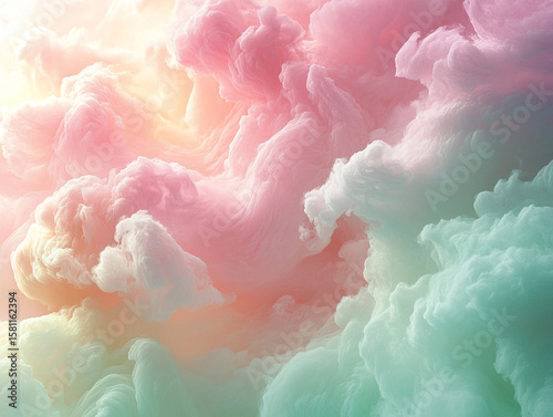 Soft, fluffy clouds of pink and green interwoven in a dreamy, abstract pattern. 