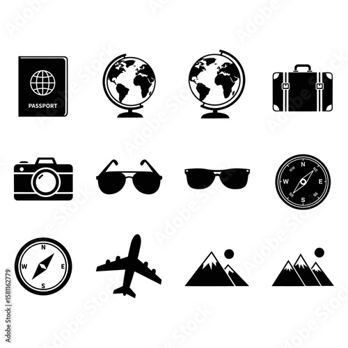 Travel and Exploration Icons – Passport, Globe, Camera, Suitcase, Sunglasses, Compass, Airplane, Mountains Vector Illustrations