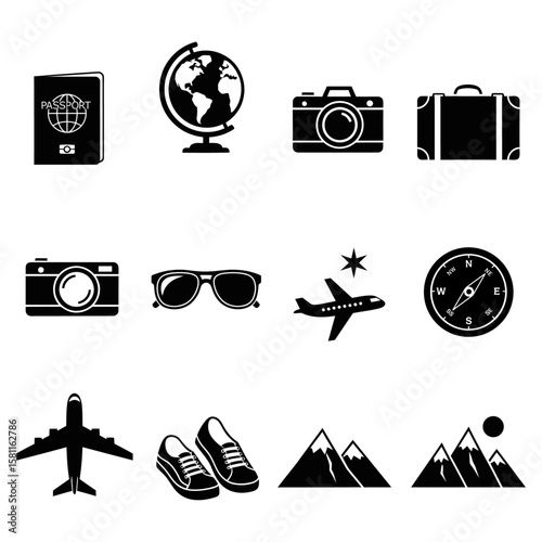 Travel and Adventure Icons – Passport, Globe, Camera, Suitcase, Sunglasses, Airplane, Compass, Hiking Shoes, Mountains Vector Illustrations