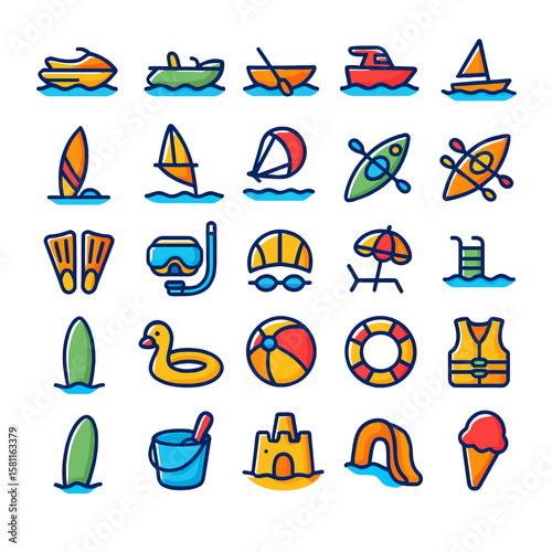 Colorful summer water sports and beach icons collection.