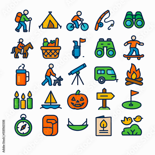 A collection of colorful vector icons representing various outdoor activities, including hiking, camping, fishing, and nature exploration.
