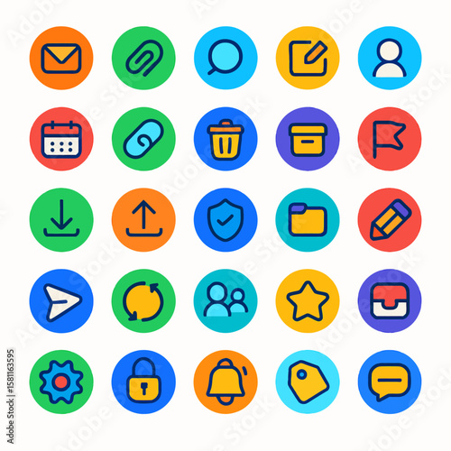 Colorful circular icons depicting various web and application interface elements.