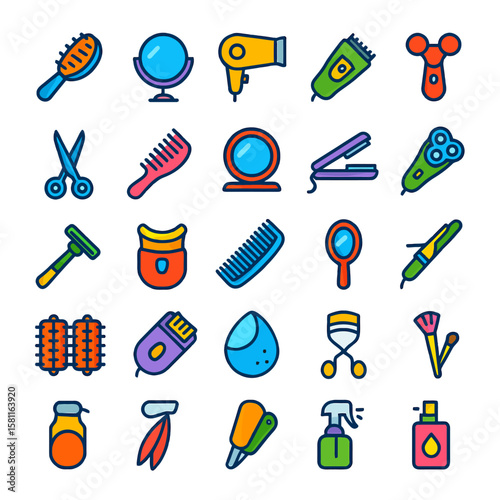 A colorful collection of beauty and grooming tools, arranged in a grid pattern, showcasing various items.