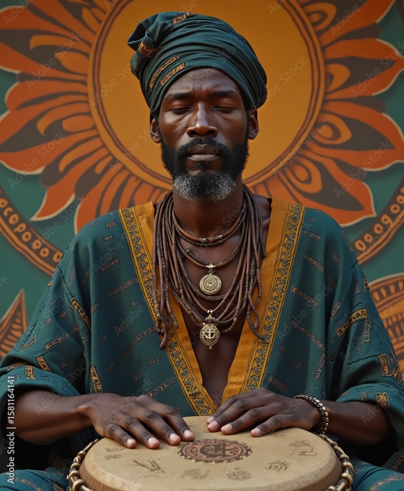Obraz premium Musician playing traditional drum in vibrant cultural setting at sunset