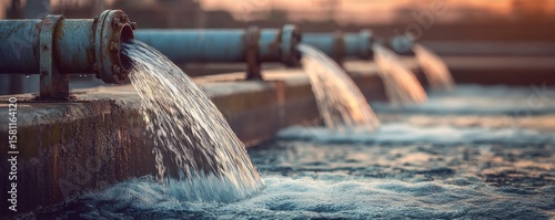 A wastewater treatment plant's mechanical screen is displayed in detail, employing industrial filtration tech to remove large solids from the water flow, thereby enabling water purification, waste