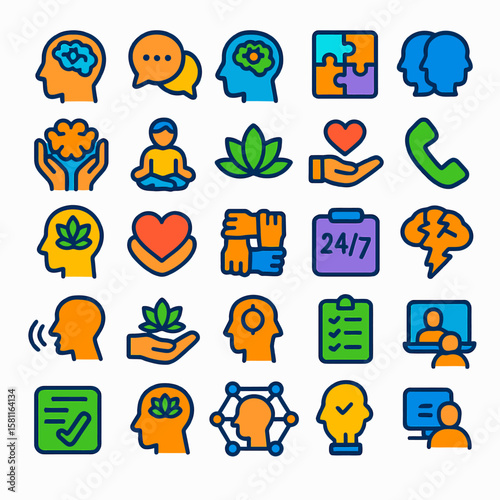 Collection of colorful vector icons representing mental health, therapy, support, mindfulness, and connection, arranged in a grid.