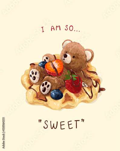 brown bear doll lying on waffle vector illustration