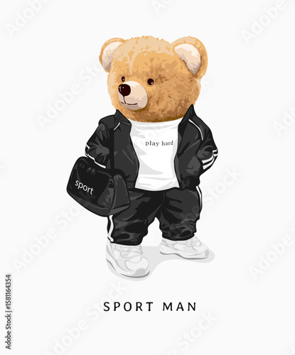 bear doll in sport tracksuit carrying bag vector illustration