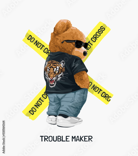 cool bear doll in tiger t-shirt on yellow tape vector illustration