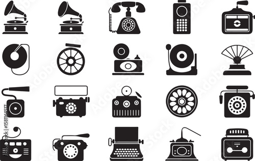 Vintage Technology Icons Retro Communication and Office Equipment Illustrations