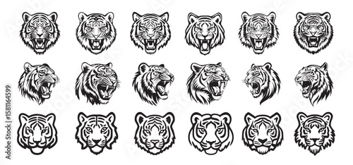 Tiger head icon set, Set of tiger head, Minimal cat heads, Tiger face icon silhouettes Bundle, Roaring tiger heads