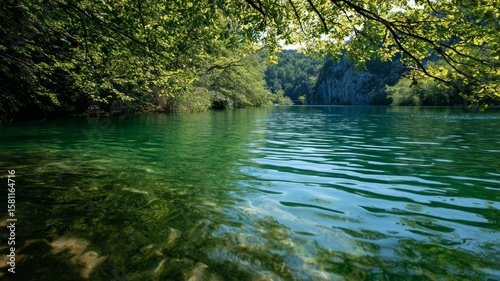 Serene lake with overhanging trees in sunlit forest. AI image