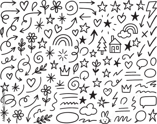 Playful Doodle Collection A Whimsical Assortment of Hand Drawn Arrows Stars Hearts and Decorative Elements Perfect for Adding a Touch of Fun to Any Design Project