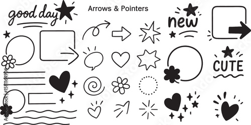 Doodle Style Arrow and Pointer Collection with Star, Heart, and Circle Elements for Decoration and Design Projects, Featuring Hand Drawn Style Arrows, Flowers and Cute Lettering