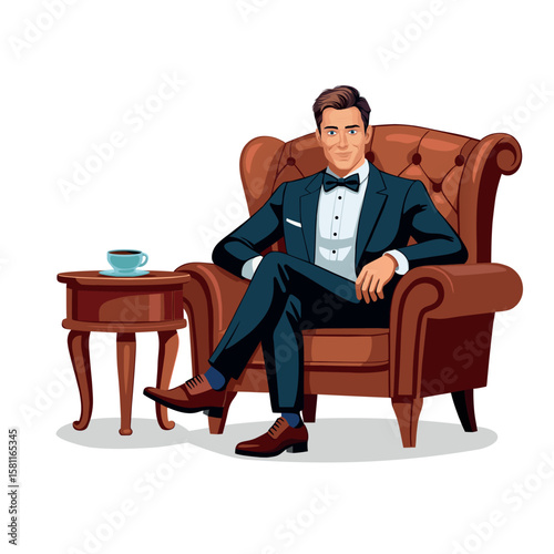 Vector illustration of an elegant man in a tuxedo sitting in a leather armchair with a coffee table. Cartoon style character in formal wear, luxury lifestyle concept.