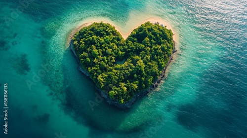 Aerial view of heart-shaped island surrounded by turquoise waters, featuring lush greenery and sandy shores, creating a romantic and serene tropical paradise for nature lovers