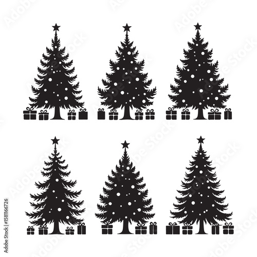 Christmas tree silhouette vector set, Black vector silhouettes of Christmas trees with a stars at the top.