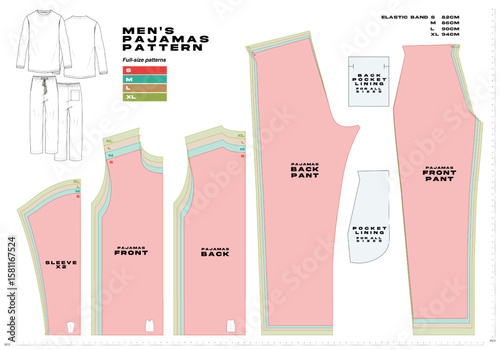 Men’s pajama sewing pattern vector with shirt and pants in sizes S–XL. Includes front, back, sleeves, pants, and pocket. Perfect for fashion, loungewear, and sewing projects.