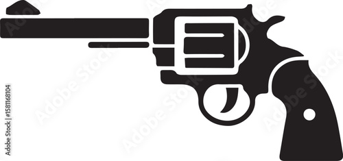 Revolver icon vector in black and white. Hand gun icon. Transparent background.