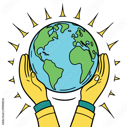 Hands holding a bright glowing Earth surrounded by radiating lines of light