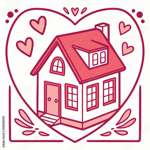Charming Little Red House Embodied Within a Heart Shape Decorative Motif