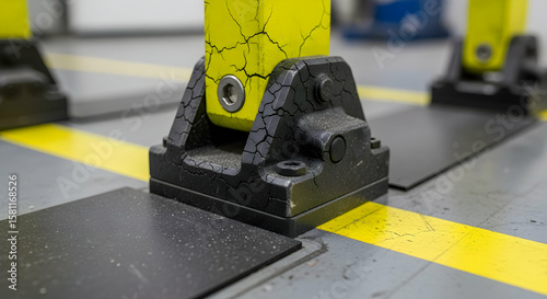Close up of cracked yellow and black industrial equipment showing signs of wear and tear after years of use