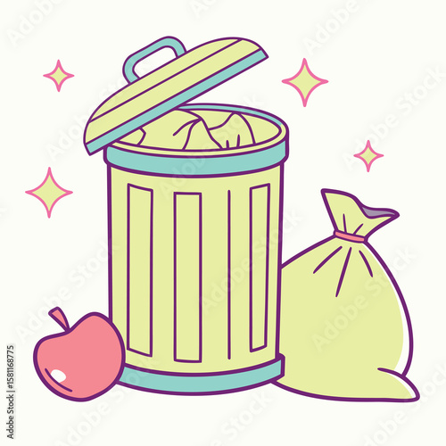 Adorable Yellow Trash Can and Garbage Bag Illustration with a Shiny Red Apple