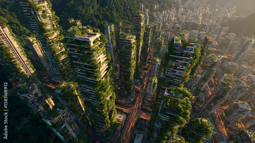 Obraz premium Golden hour drone footage over sustainable metropolis showing solar-paneled skyscrapers and vertical gardens, smart traffic systems pulsing below --ar 16:9