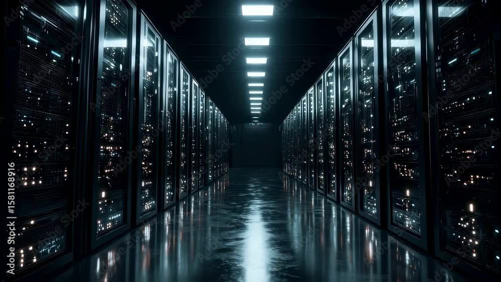 Inside a somber server room numerous servers blink rhythmically in the dark casting an ambient glow that reflects off metallic surfaces emphasizing the complexity of data storage and