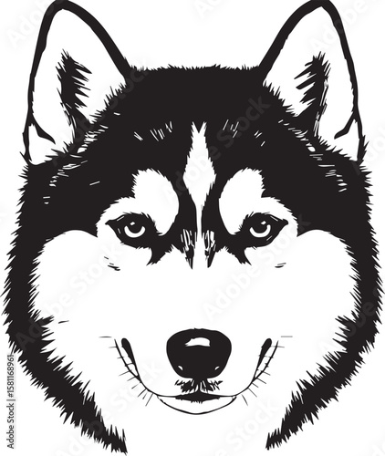 Realistic husky dog face in engraved tattoo style black and white only