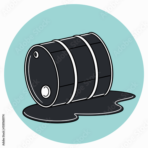 Leaking Black Oil Barrel Spilling Crude Liquid onto a Light Blue Surface