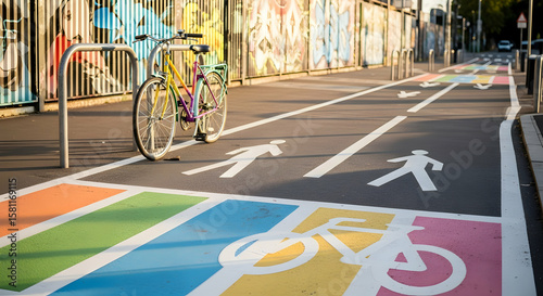 Colorful bicycle lane showcasing pedestrian and cyclist traffic in the city center