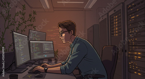 Focused male programmer diligently coding on multiple computer screens in a dark server room or data center.