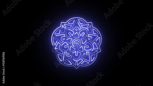 Glowing neon line mandala icon with radial symmetry animation. Spiritual symbol animation HD video isolated on black background.