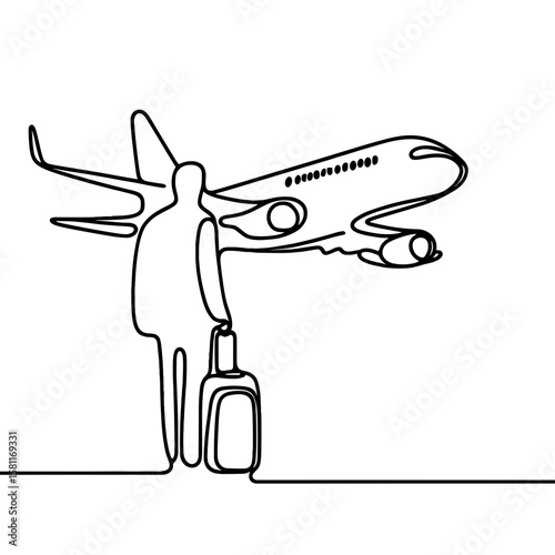 Traveler with suitcase watching airplane in continuous line style representing departure