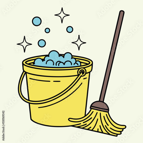 Bright Sparkles Emanate from a Full Bucket of Bubbles Next to a Mop
