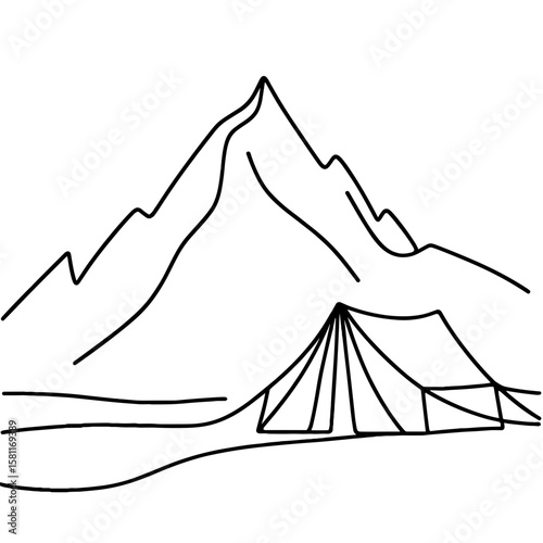 Mountain landscape with camping tent in continuous line style symbolizing adventure and nature rest