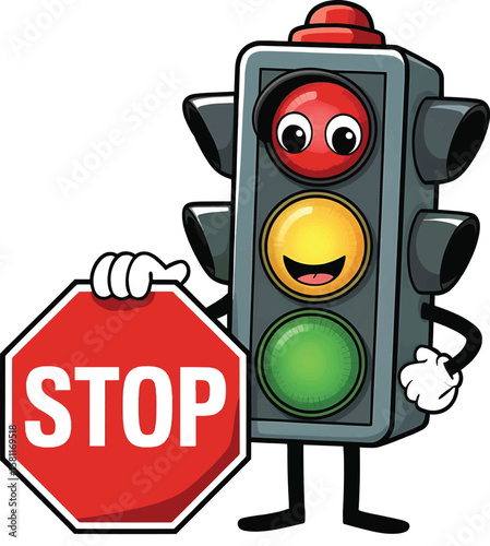 Cartoon traffic light character holding a stop sign illustrating road safety education