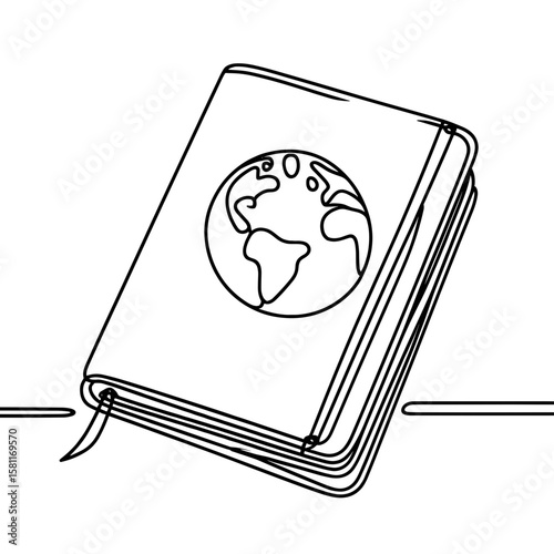 Travel diary with Earth symbol in continuous line style representing journey memories