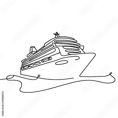 Cruise ship on waves in continuous line style symbolizing sea travel and luxury vacation