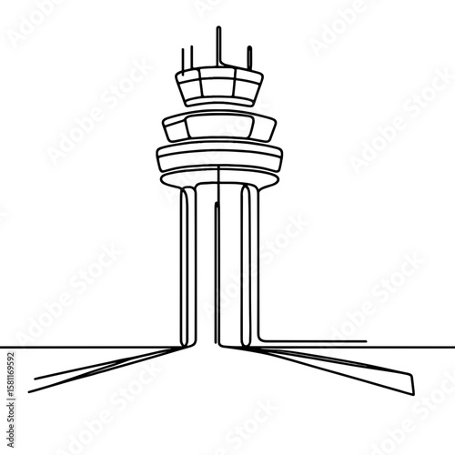 Airport control tower in continuous line style symbolizing aviation and air traffic management