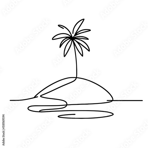 Desert island with palm tree in continuous line style symbolizing tropical escape and solitude