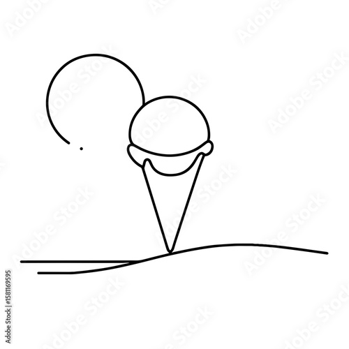 Ice cream and sun in continuous line style symbolizing summer treat and holiday mood