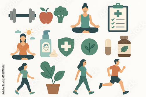 Healthy lifestyle and wellness icons with fitness, nutrition, mindfulness and self-care activities