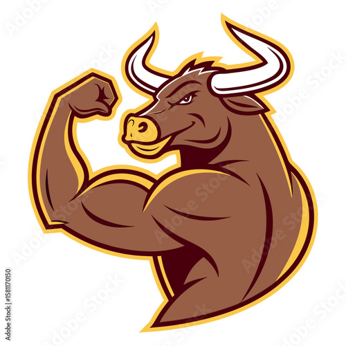 Mascot Illustration of a Powerful Muscular Bull Flexing Biceps