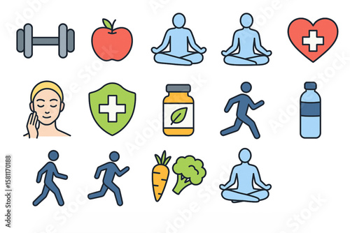 Healthy lifestyle and wellness icons with fitness, nutrition, mindfulness and self-care activities