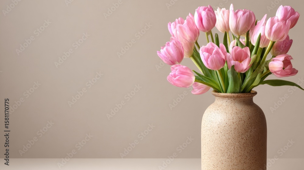 Fototapeta premium Against a gray-white wall, a white table supports a vase that is filled with pink