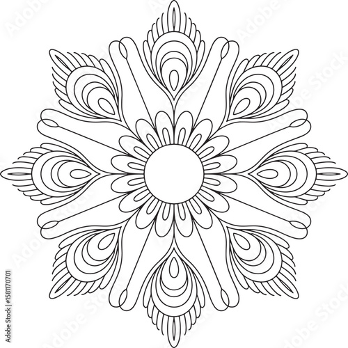 Intricate black outline mandala with peacock feather motifs abstract circle