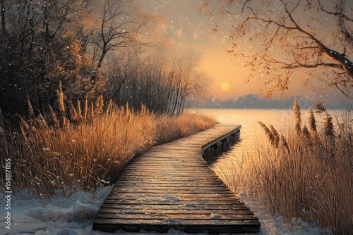 A serene winter sunrise over a frozen lake, with a wooden walkway leading through a snowy landscape.  Golden light illuminates the path and surrounding reeds.  Soft snow flurries